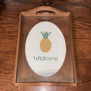 Needlepoint pineapple “Welcome” wood and glass serving tray